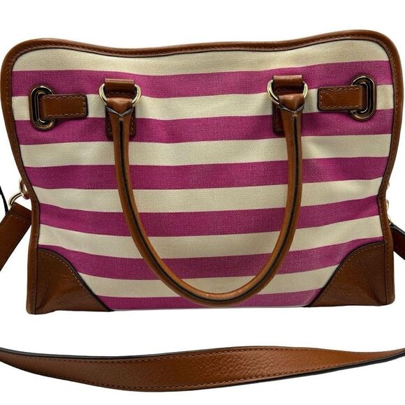 Michael Kors Hamilton Pink Stripe Brown Leather Shoulder Crossbody Tote Bag - Picture 1 of 14